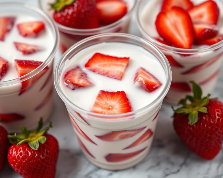 Cups of strawberries in cream arranged on a marble surface, with whole strawberries as garnish.