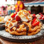 Delicious funnel cake topped with whipped cream, fresh strawberries, chocolate syrup, caramel drizzle, and powdered sugar, served in a vibrant fair setting with colorful tents in the background. Perfect dessert for sweet lovers and carnival food enthusiasts