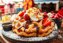 Delicious funnel cake topped with whipped cream, fresh strawberries, chocolate syrup, caramel drizzle, and powdered sugar, served in a vibrant fair setting with colorful tents in the background. Perfect dessert for sweet lovers and carnival food enthusiasts