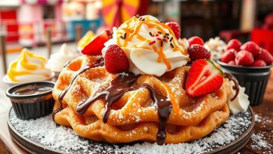 Delicious funnel cake topped with whipped cream, fresh strawberries, chocolate syrup, caramel drizzle, and powdered sugar, served in a vibrant fair setting with colorful tents in the background. Perfect dessert for sweet lovers and carnival food enthusiasts