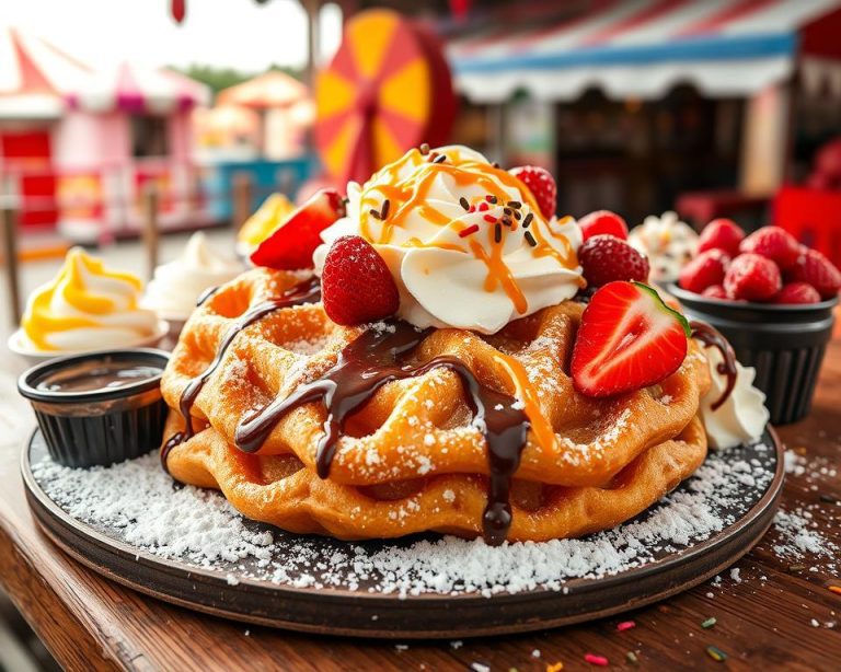 Delicious funnel cake topped with whipped cream, fresh strawberries, chocolate syrup, caramel drizzle, and powdered sugar, served in a vibrant fair setting with colorful tents in the background. Perfect dessert for sweet lovers and carnival food enthusiasts