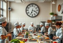 Culinary students participating in a hands-on cooking class, learning advanced techniques and teamwork in a professional culinary school setting.