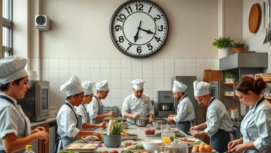 Culinary students participating in a hands-on cooking class, learning advanced techniques and teamwork in a professional culinary school setting.