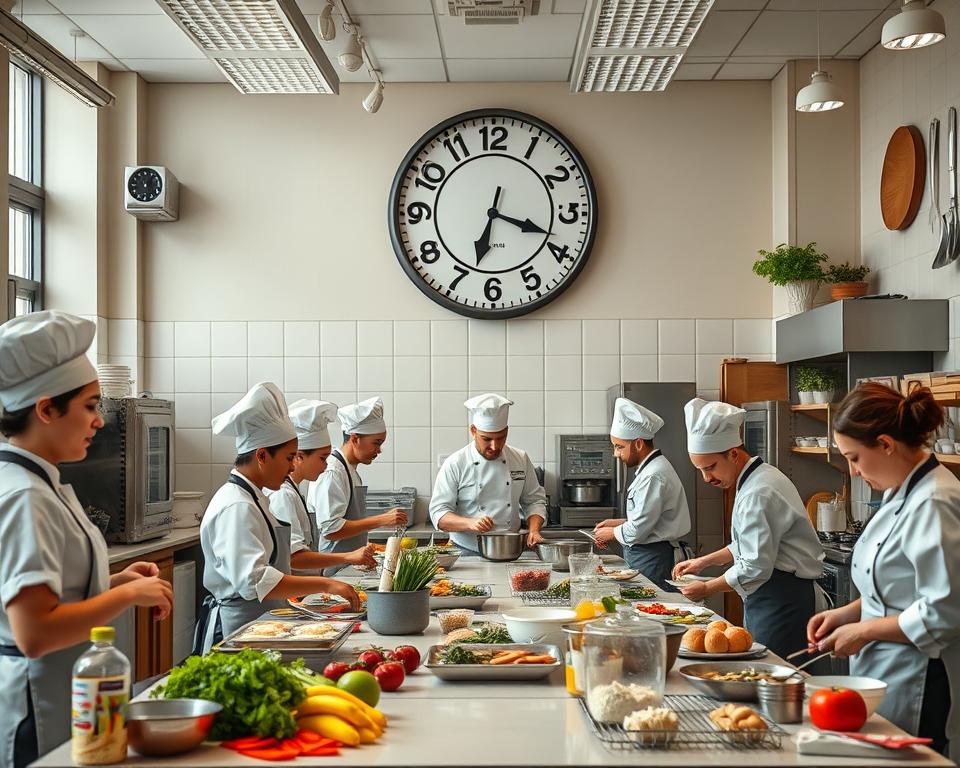 Culinary students participating in a hands-on cooking class, learning advanced techniques and teamwork in a professional culinary school setting.