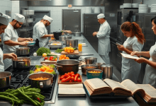 Culinary students preparing gourmet dishes in a fully equipped kitchen at a culinary school.