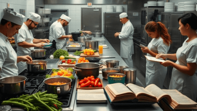 Culinary students preparing gourmet dishes in a fully equipped kitchen at a culinary school.