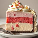 A slice of layered frozen dessert featuring three distinct layers: a creamy vanilla base, a vibrant red berry middle, and a soft pink strawberry top. Decorated with piped whipped cream swirls and colorful candy sprinkles, served on a clean white plate with forks nearby.