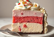 A slice of layered frozen dessert featuring three distinct layers: a creamy vanilla base, a vibrant red berry middle, and a soft pink strawberry top. Decorated with piped whipped cream swirls and colorful candy sprinkles, served on a clean white plate with forks nearby.