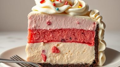 A slice of layered frozen dessert featuring three distinct layers: a creamy vanilla base, a vibrant red berry middle, and a soft pink strawberry top. Decorated with piped whipped cream swirls and colorful candy sprinkles, served on a clean white plate with forks nearby.