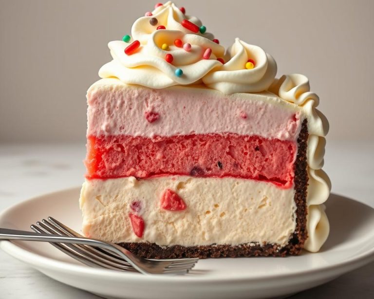 A slice of layered frozen dessert featuring three distinct layers: a creamy vanilla base, a vibrant red berry middle, and a soft pink strawberry top. Decorated with piped whipped cream swirls and colorful candy sprinkles, served on a clean white plate with forks nearby.