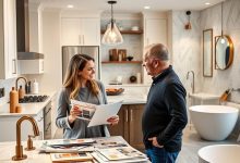 Kitchen and bathroom remodel planning with a designer discussing materials, layouts, and finishes. Ideal for modern home renovation projects.