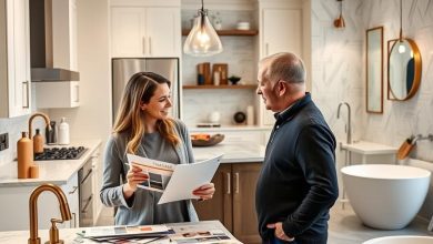 Kitchen and bathroom remodel planning with a designer discussing materials, layouts, and finishes. Ideal for modern home renovation projects.