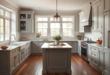 Elegant kitchen with gray cabinetry, white countertops, a central island, and natural light, blending classic and modern styles.