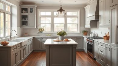 Elegant kitchen with gray cabinetry, white countertops, a central island, and natural light, blending classic and modern styles.