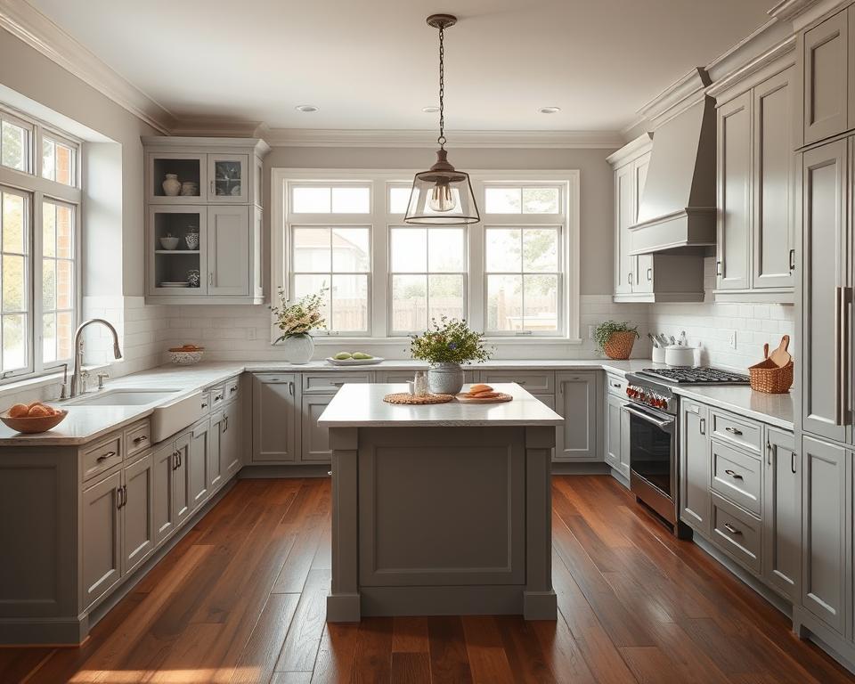 Elegant kitchen with gray cabinetry, white countertops, a central island, and natural light, blending classic and modern styles.