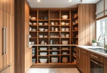 Modern kitchen with floor-to-ceiling wooden shelves displaying neatly organized dishes, bowls, and decorative items in natural light