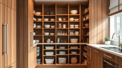 Modern kitchen with floor-to-ceiling wooden shelves displaying neatly organized dishes, bowls, and decorative items in natural light