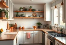 Modern kitchen with white cabinets, wooden countertops, open shelves decorated with plants and dishes, and bright natural lighting.