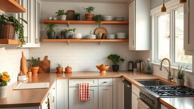 Modern kitchen with white cabinets, wooden countertops, open shelves decorated with plants and dishes, and bright natural lighting.