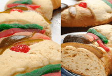 Detailed view of Rosca de Reyes sections, showcasing its soft bread texture and vibrant candied fruits on top.