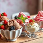 Sugar-free ice cream sundaes in elegant glass bowls topped with berries, whipped cream, and nuts for a delicious low-carb dessert experience.