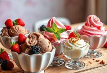 Sugar-free ice cream sundaes in elegant glass bowls topped with berries, whipped cream, and nuts for a delicious low-carb dessert experience.