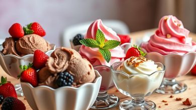 Sugar-free ice cream sundaes in elegant glass bowls topped with berries, whipped cream, and nuts for a delicious low-carb dessert experience.