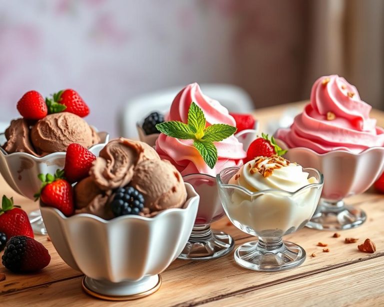 Sugar-free ice cream sundaes in elegant glass bowls topped with berries, whipped cream, and nuts for a delicious low-carb dessert experience.