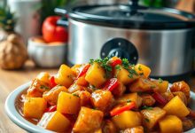 A hearty plate of Sweet Hawaiian Crockpot Chicken with tender chicken pieces, juicy pineapple chunks, and vibrant bell peppers, garnished with parsley. A slow cooker favorite with a backdrop of fresh ingredients and a crockpot