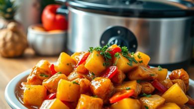 A hearty plate of Sweet Hawaiian Crockpot Chicken with tender chicken pieces, juicy pineapple chunks, and vibrant bell peppers, garnished with parsley. A slow cooker favorite with a backdrop of fresh ingredients and a crockpot