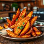 Golden crispy sweet potato wedges served with dipping sauces, a flavorful and healthy snack or side dish.