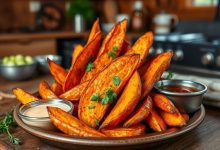 Golden crispy sweet potato wedges served with dipping sauces, a flavorful and healthy snack or side dish.