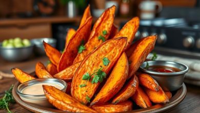 Golden crispy sweet potato wedges served with dipping sauces, a flavorful and healthy snack or side dish.