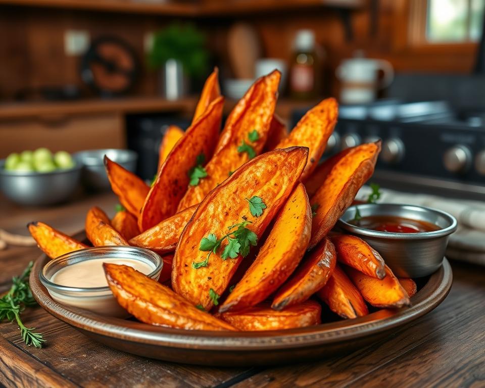 Golden crispy sweet potato wedges served with dipping sauces, a flavorful and healthy snack or side dish.